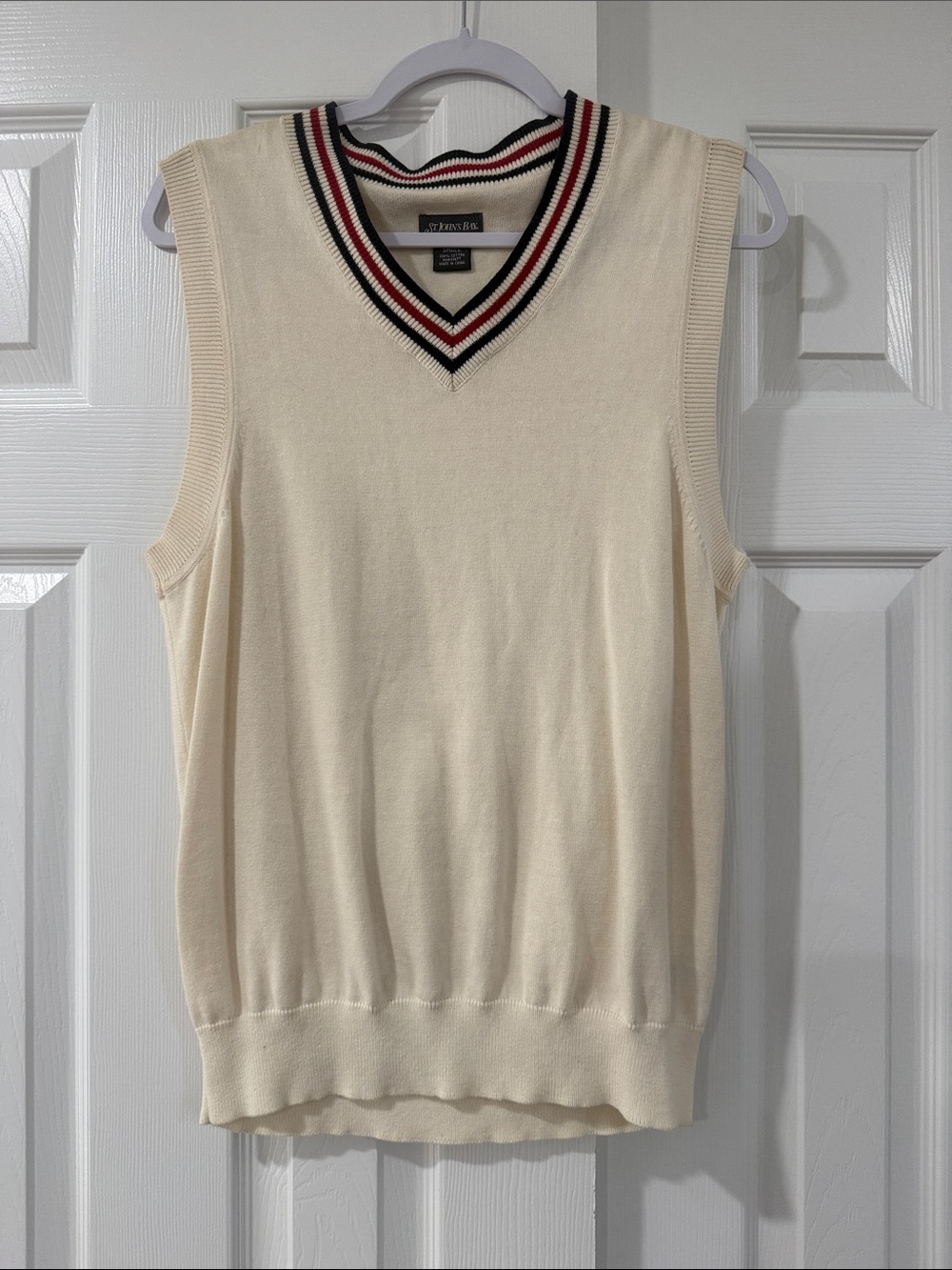 St Jones Bay Cream V-Neck Sleeveless Sweater with Red & Navy Stripe